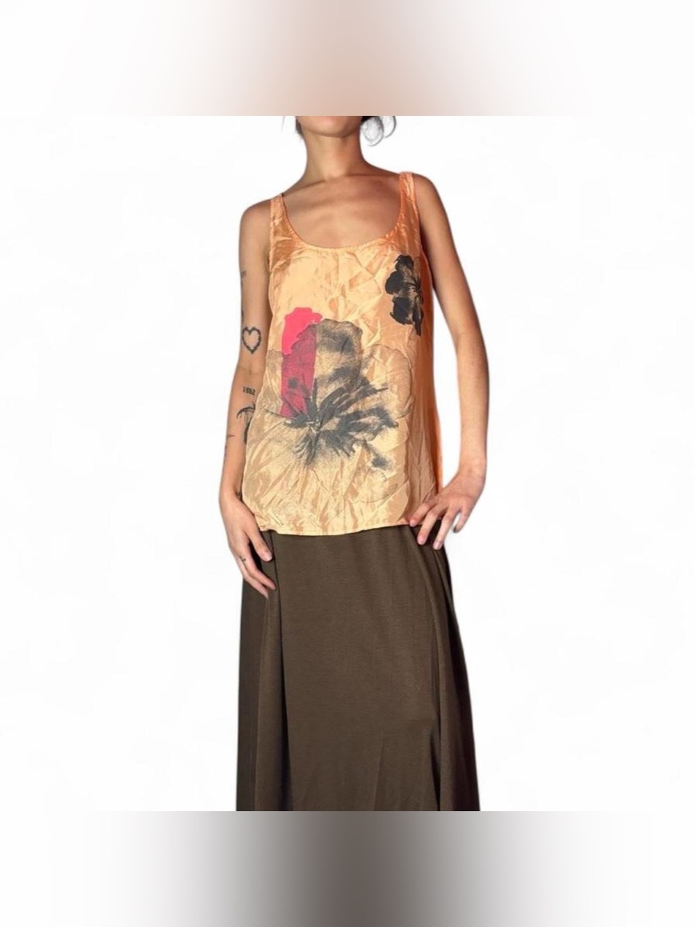 100% Silk Peach Tank Top W Unique Flower Design by New York & Company